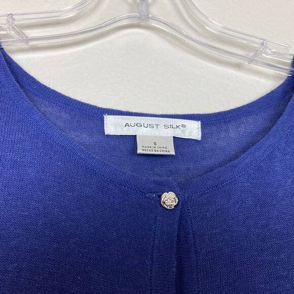 August Silk Women's Cropped Cardigan Size S Blue Linen Blend Silver Rose Buttons - Picture 2 of 5